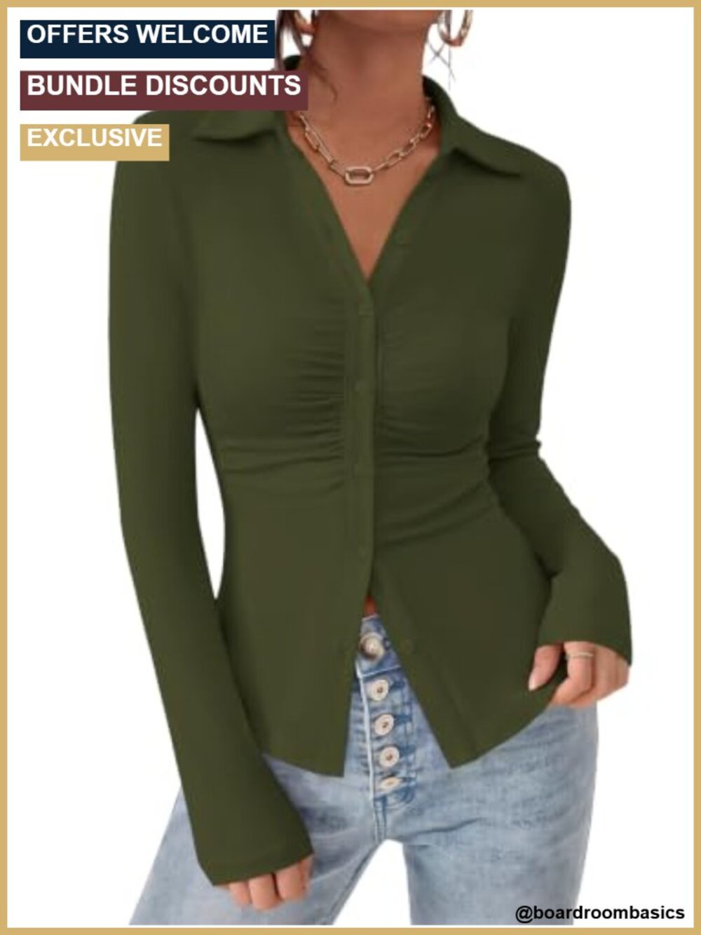 Womens Button Down Shirt V Neck Collared Ruched Slim Fit Long Sleeve